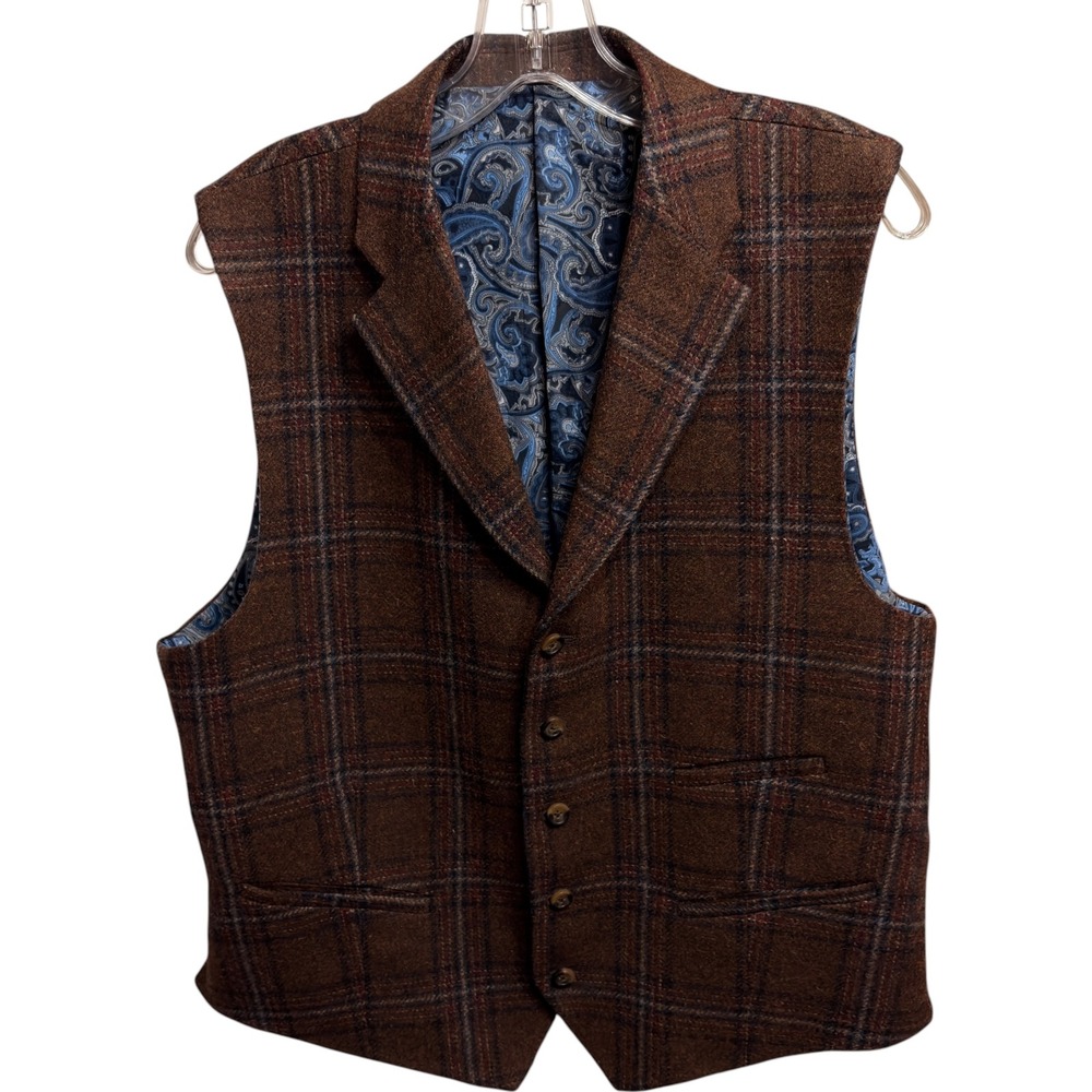 Allen Edmonds Mens Brown Plaid Wool Vest Blue Paisley Lining USA Large